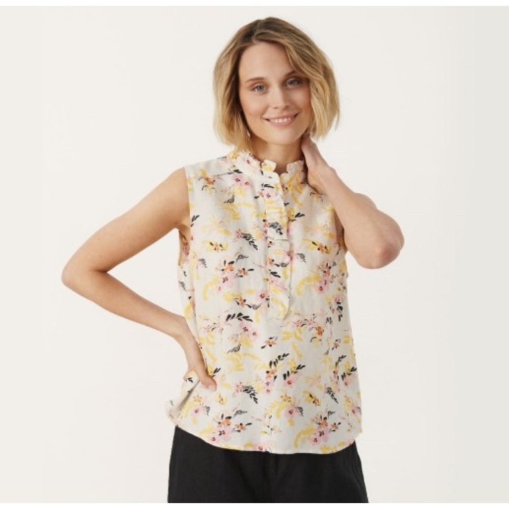 Part Two Poula‎ Peony Leaf Bouquet Print Sleeveless Ruffle Shirt White Small 36